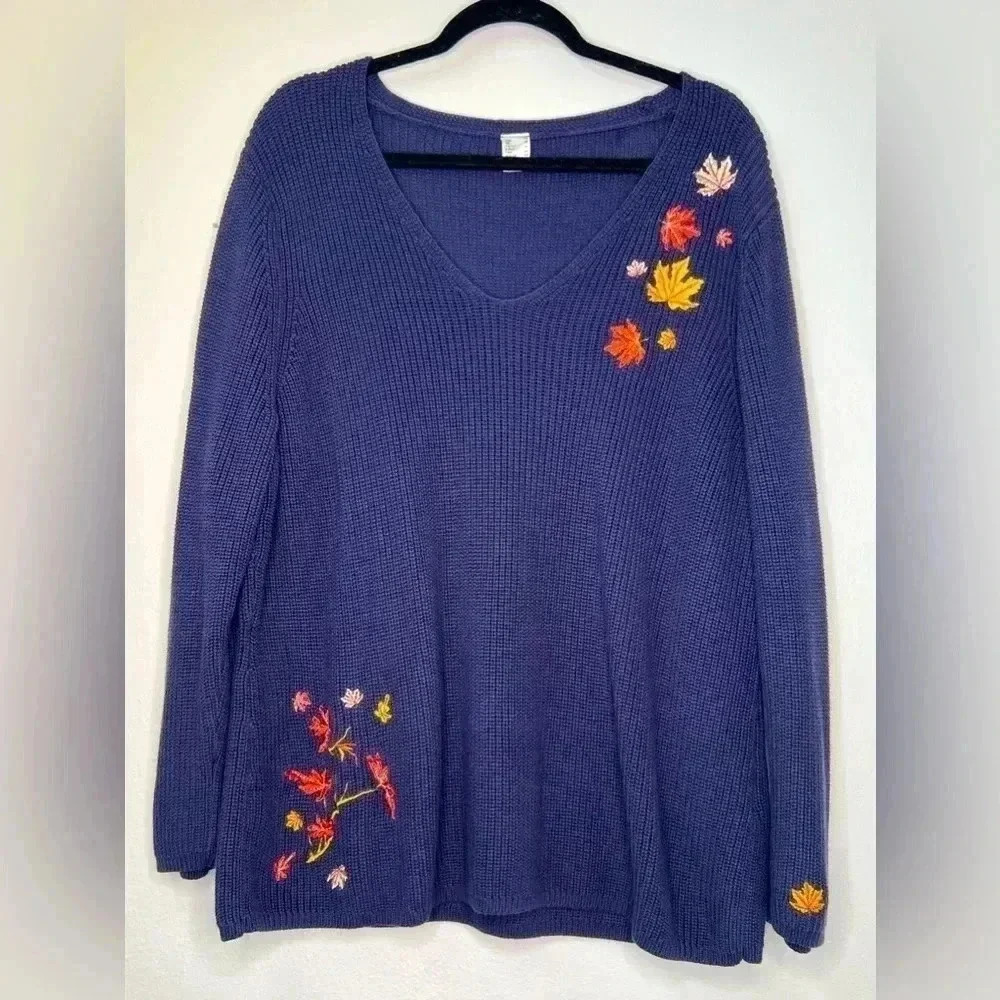 AproductZ GmbH  Knit Sweater V-Neck‎ long Sleeves Artsy Leaf  Sz 22